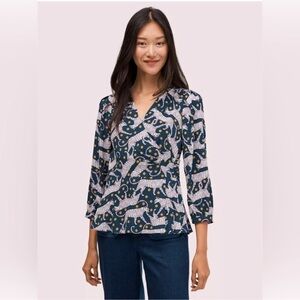 Kate Spade New York Panther Dot Wrap  Women's Blouse 3/4 Sleeve Size 8